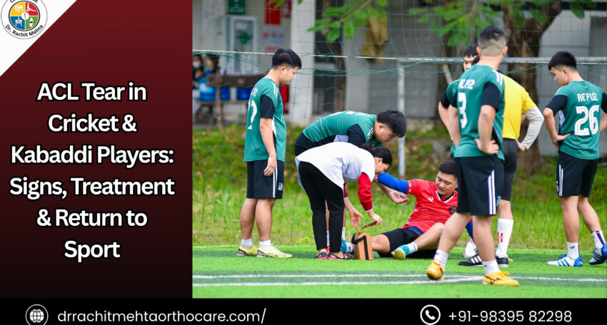 Physiotherapist assessing a kabaddi player's knee for ACL injury on field