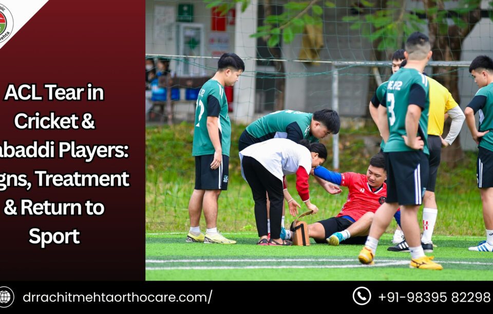 Physiotherapist assessing a kabaddi player's knee for ACL injury on field